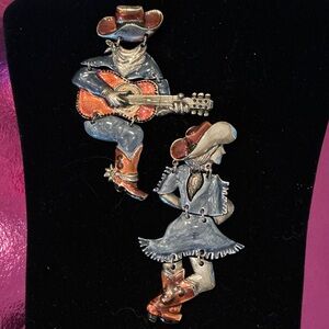 Vintage Don-Lin Cowboy and Cowgirl Articulated Enamel Brooch Set